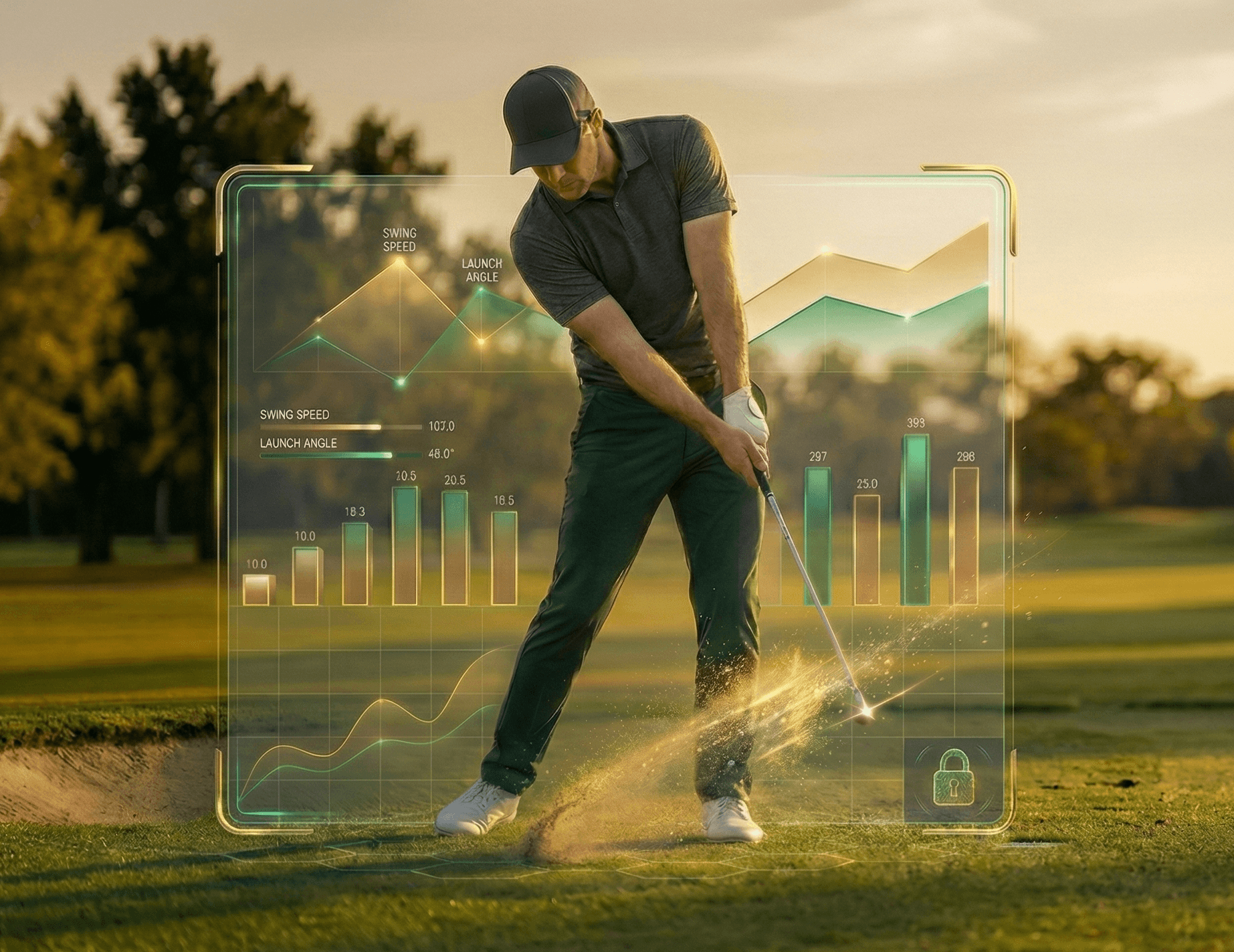 Elite golfer at address with TourVault performance analytics overlaid